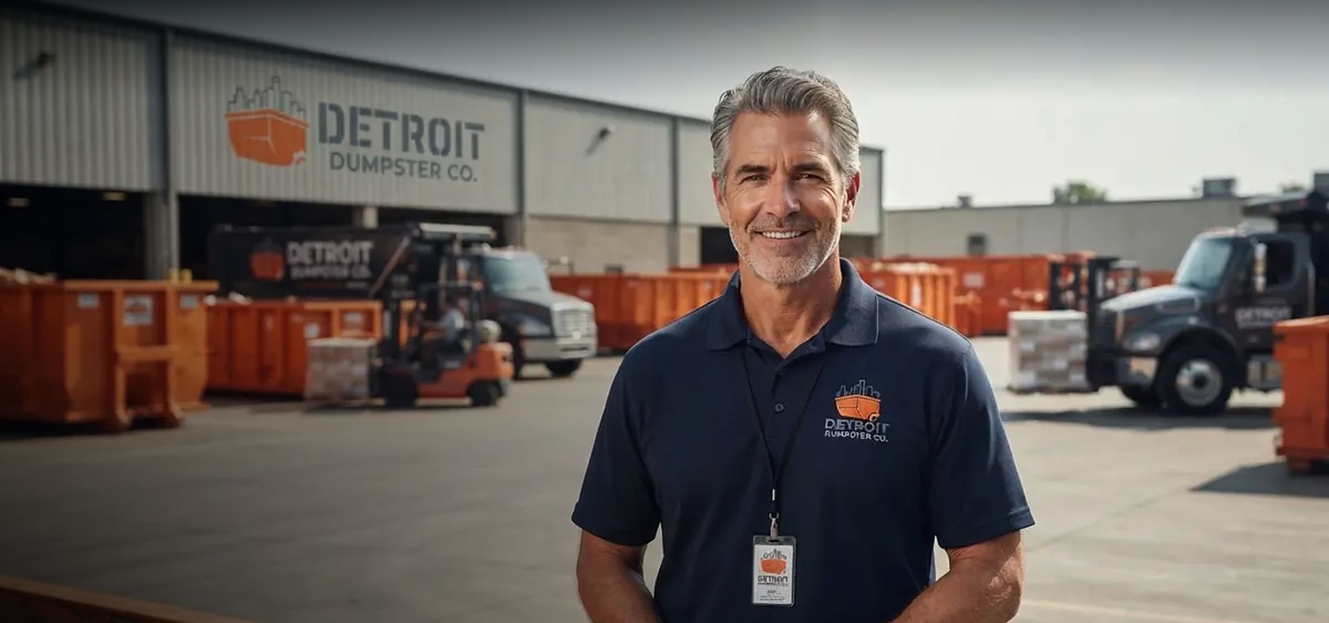 Detroit Dumpster Co roll-off containers and trucks lined up before delivery