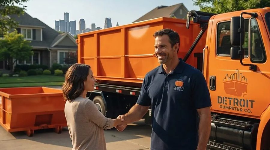 A Detroit homeowner shaking hands with the Detroit Dumpster Co driver beside a freshly delivered container