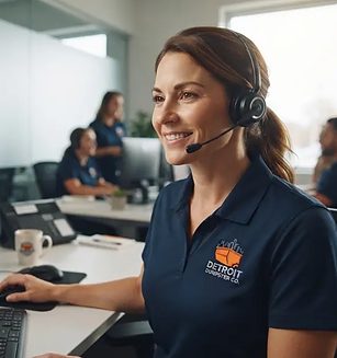 Sara, Detroit Dumpster Co dispatcher, taking a booking in the office