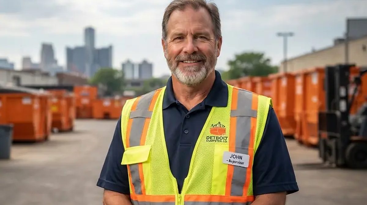 John of Detroit Dumpster Co beside a roll-off container