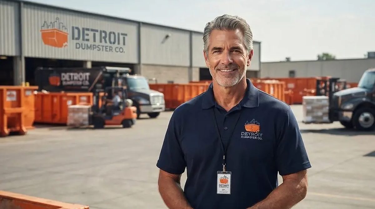 Paul of Detroit Dumpster Co beside the roll-off containers