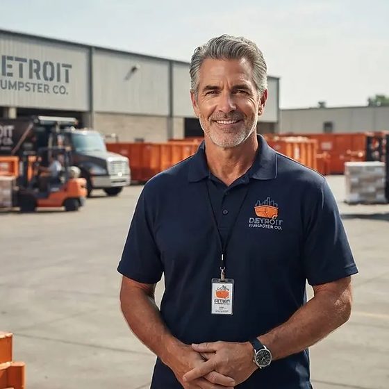 Paul of Detroit Dumpster Co beside the roll-off containers and a truck