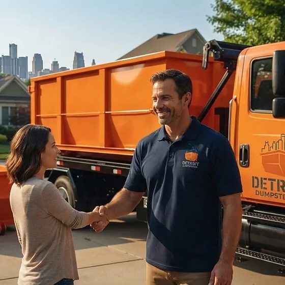 A Detroit homeowner shaking hands with the Detroit Dumpster Co driver beside a roll-off container on the driveway