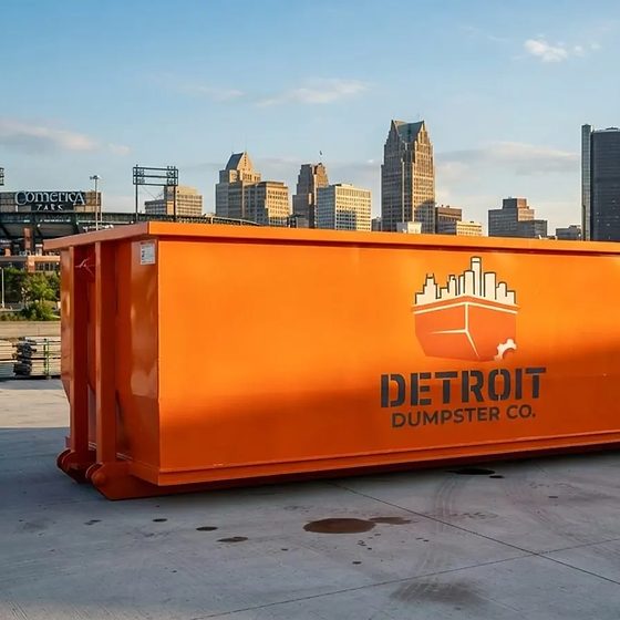 Detroit Dumpster Co roll-off containers and trucks lined up before delivery