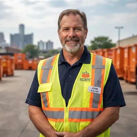 John of Detroit Dumpster Co in a high-visibility vest beside the roll-off containers