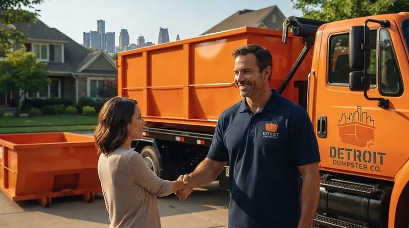 A Detroit homeowner and the Detroit Dumpster Co driver beside a container after a driveway delivery