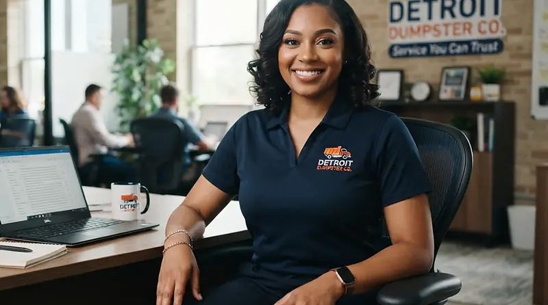 Tania in the Detroit Dumpster Co office