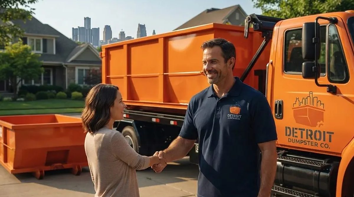 Detroit Dumpster Co container delivered to a driveway in the Dearborn area