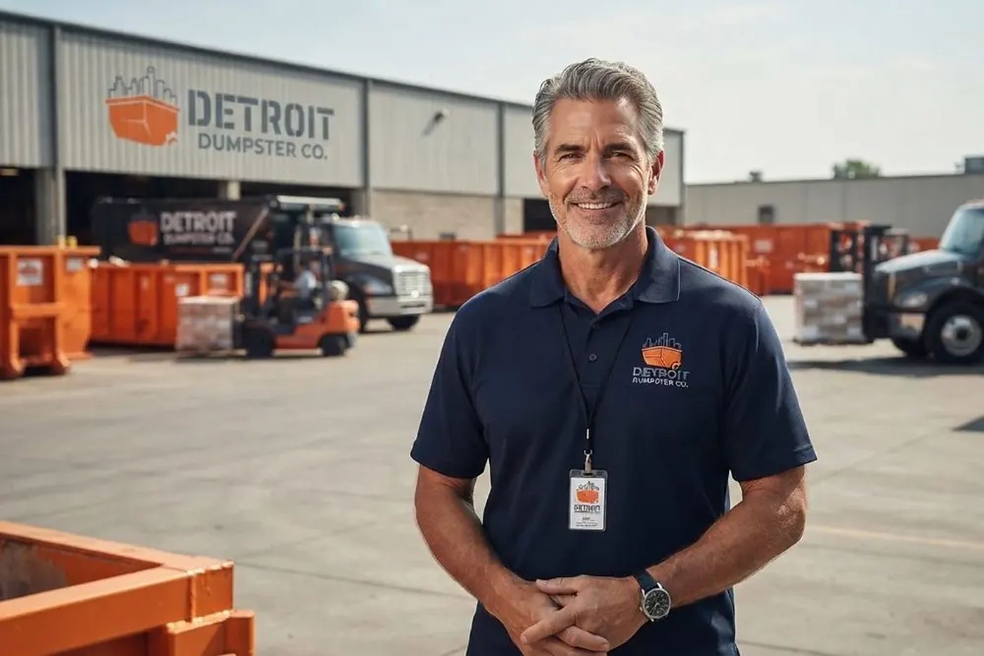 Paul of Detroit Dumpster Co beside the roll-off containers and a truck