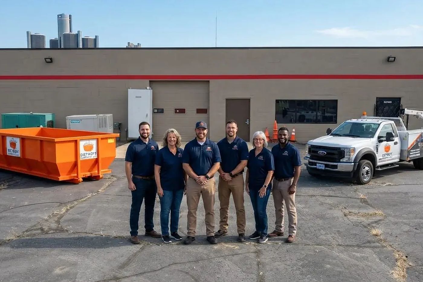 The Detroit Dumpster Co crew in front of the trucks