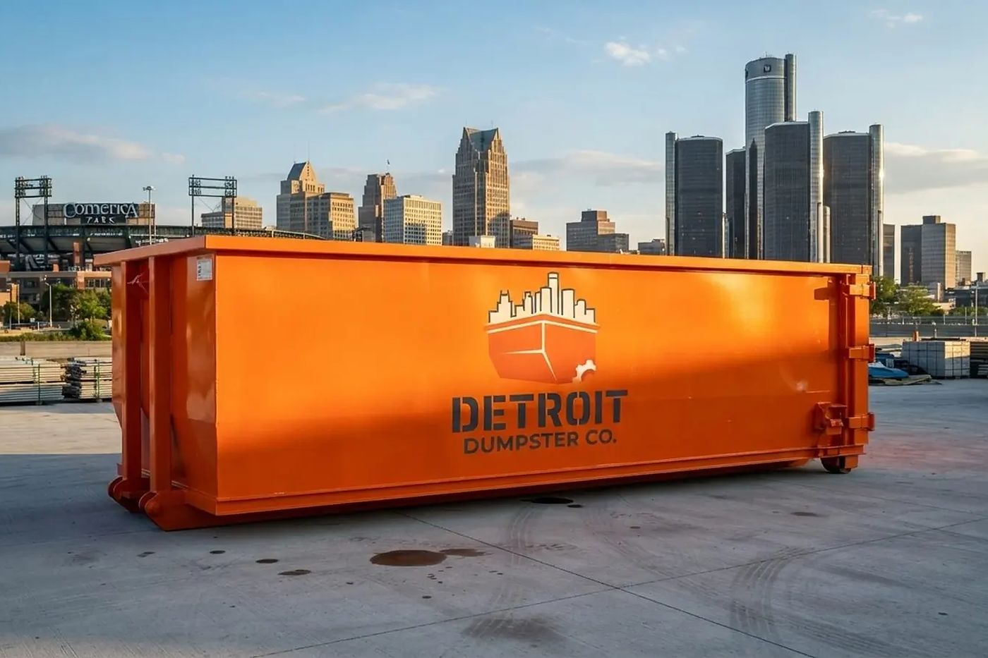 Detroit Dumpster Co roll-off containers and trucks lined up before delivery