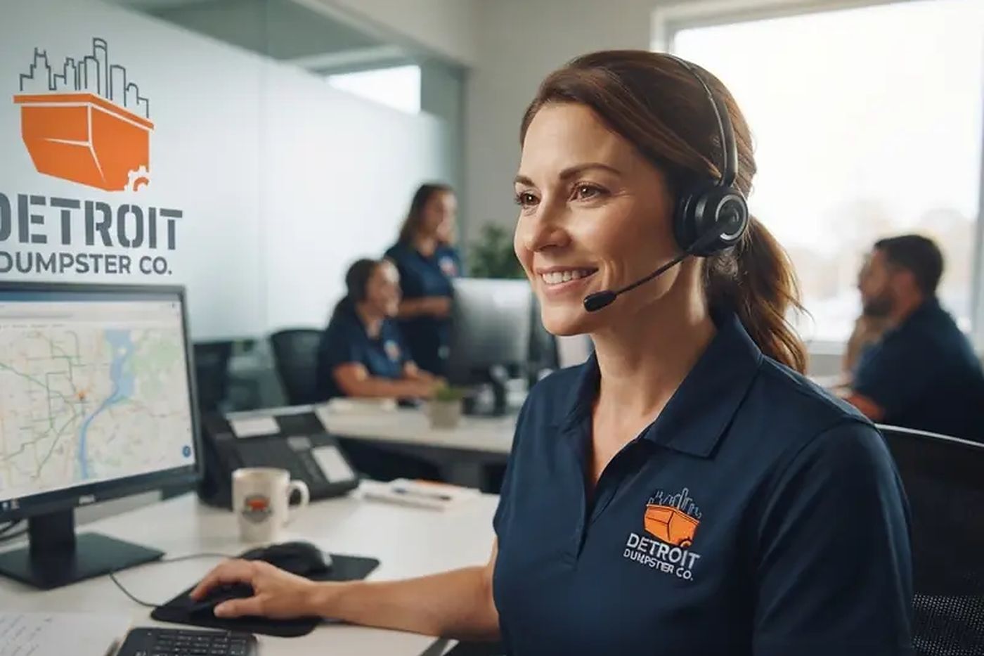 Sara at the Detroit Dumpster Co dispatch desk taking a same-day booking