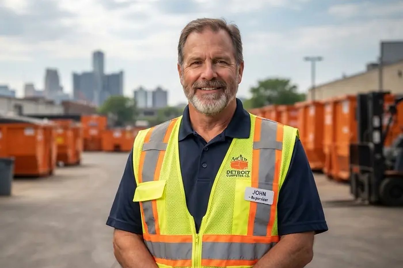 John of Detroit Dumpster Co in a high-visibility vest beside the roll-off containers