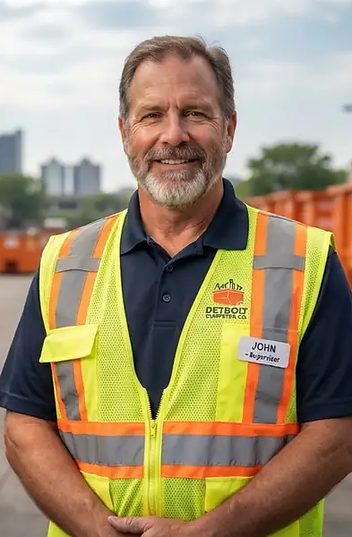 John, Detroit Dumpster Co fleet supervisor, with the roll-off containers