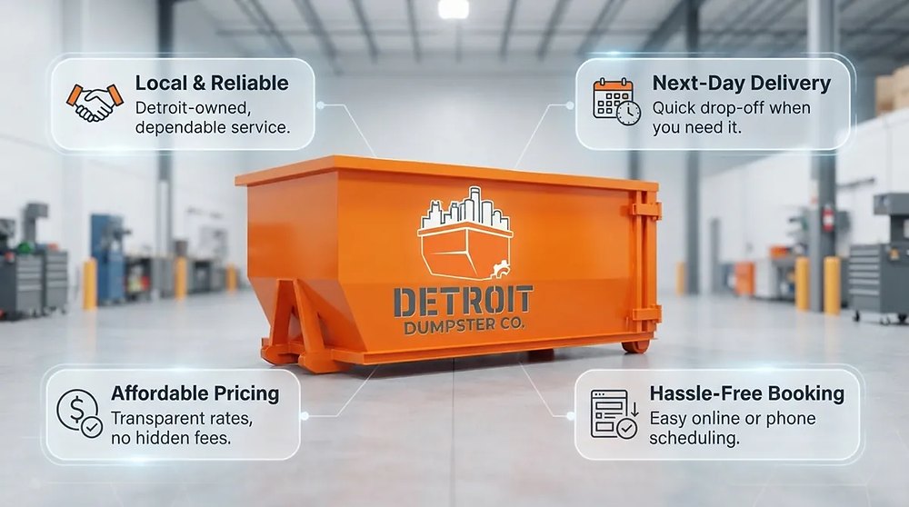 Why choose Detroit Dumpster Co: local and reliable, next-day delivery, affordable pricing, hassle-free booking