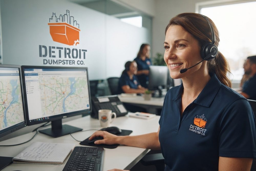 Detroit Dumpster Co dispatcher taking a dumpster booking in Detroit